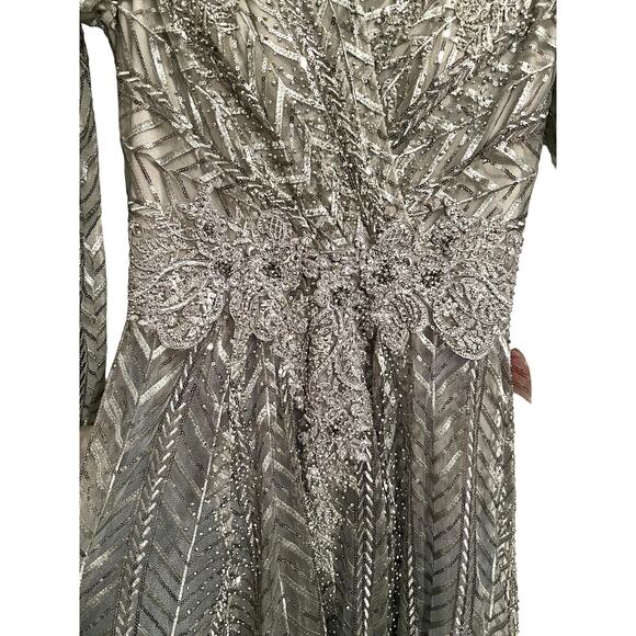 Mac Duggal Gown Embellished Illusion Long Sleeve Wrap Platinum Size 4 NWT 20189 - Picture 9 of 10